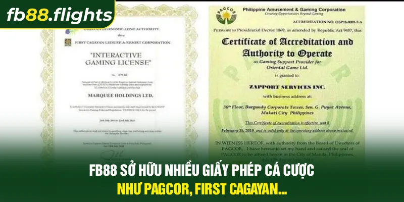 FB88 sở hữu nhiều giấy phép cá cược như PAGCOR, First Cagayan...